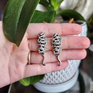 Vintage Silver Tiger Crystal Rhinestone Earrings Art Deco Dangle Drop Pierced